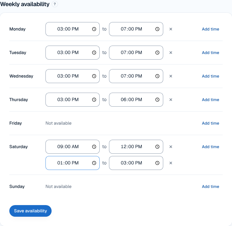 Setting weekly availability in TutorFlow's Booking settings