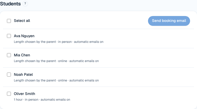 The Booking page with students ready to receive a booking email