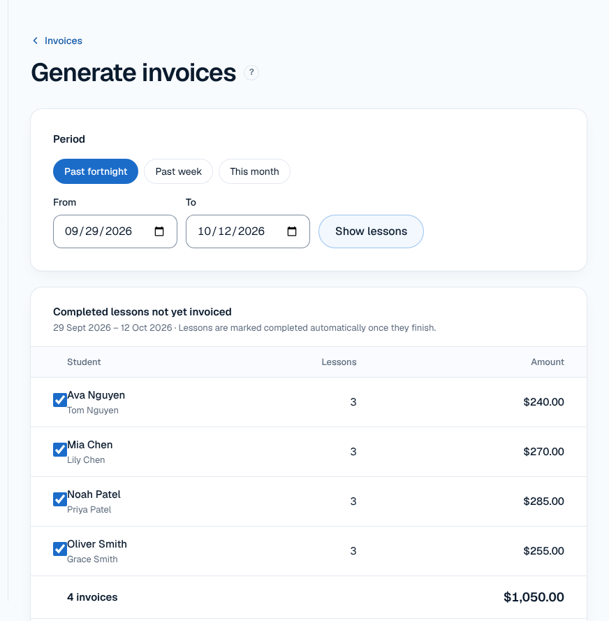 Generating a fortnight of invoices for four students in TutorFlow