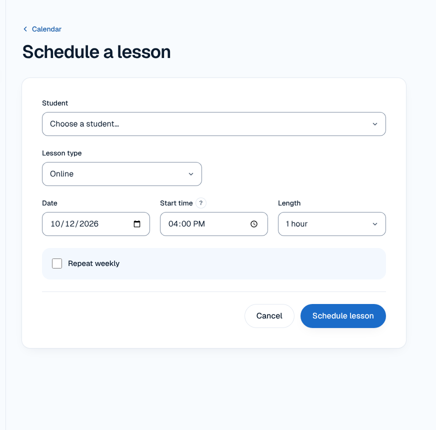 The New lesson form with Repeat weekly