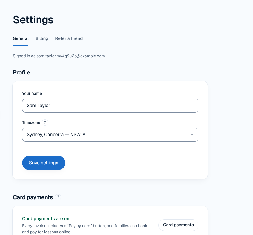 TutorFlow Settings, where lesson reminders are set up