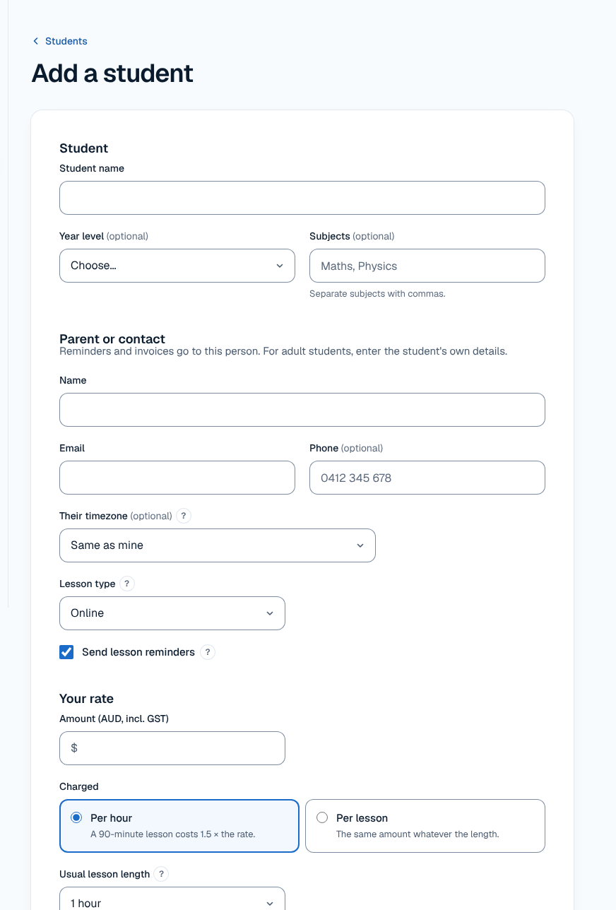 The student form, with parent and student email settings
